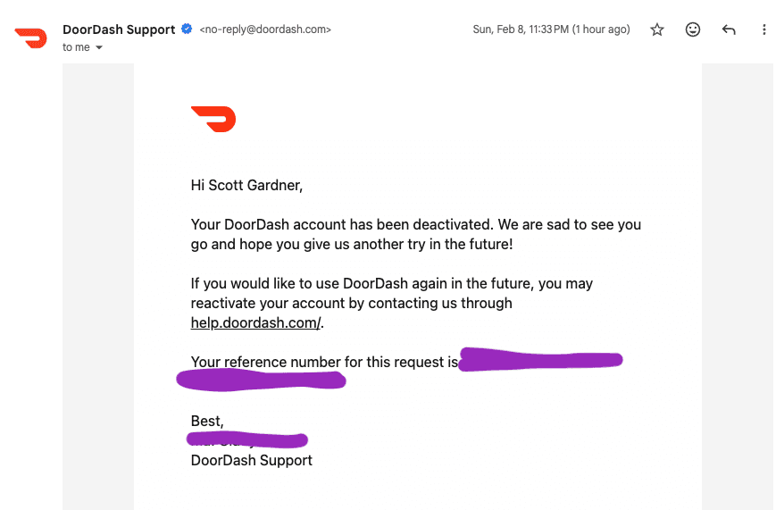 account deactivation email
